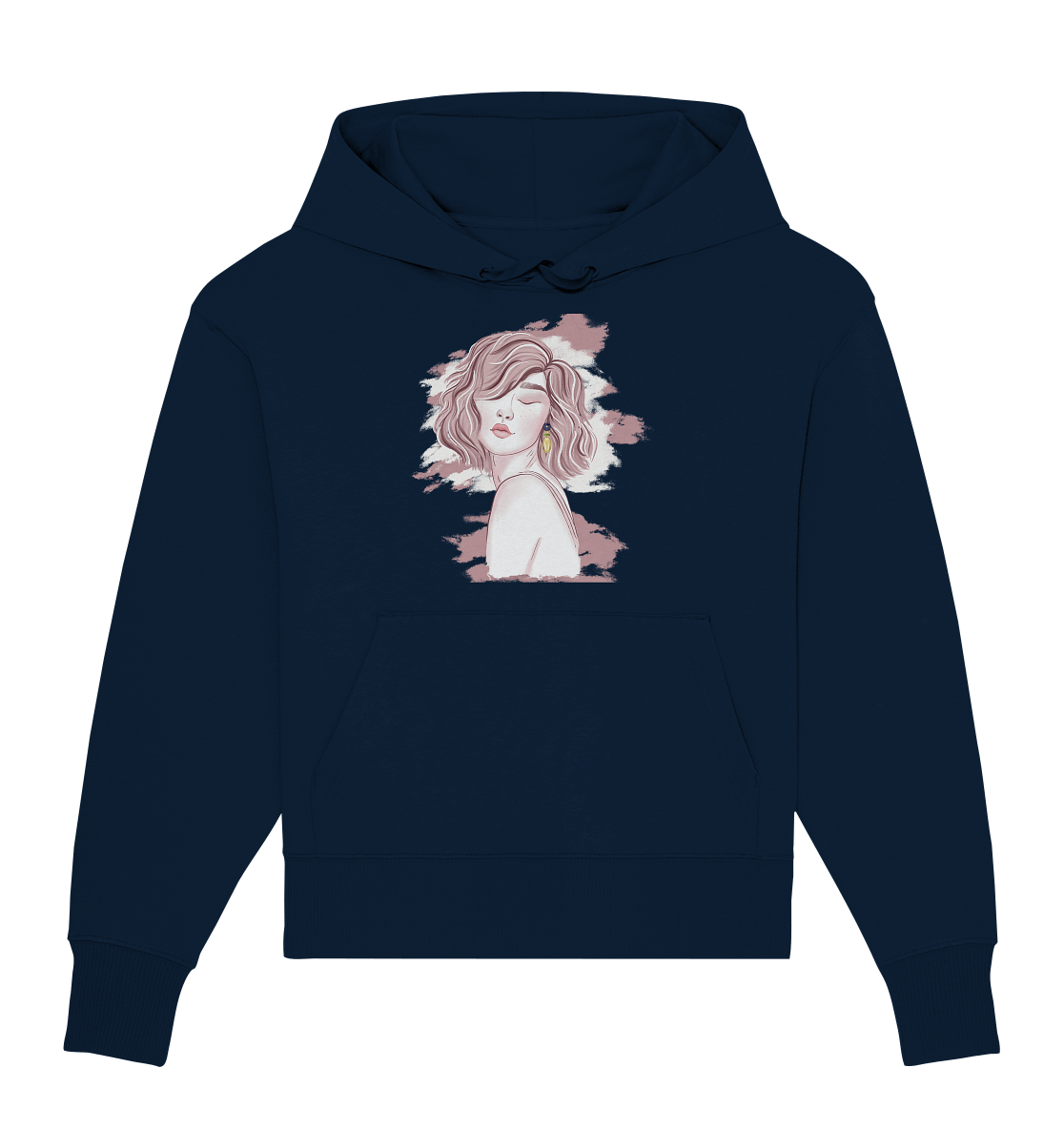 Oversize Kapuzenpullover mit handgezeichnetem Portrait in Beigetönen. Super stylisches Hoodie aus der Serie "Art to wear" 