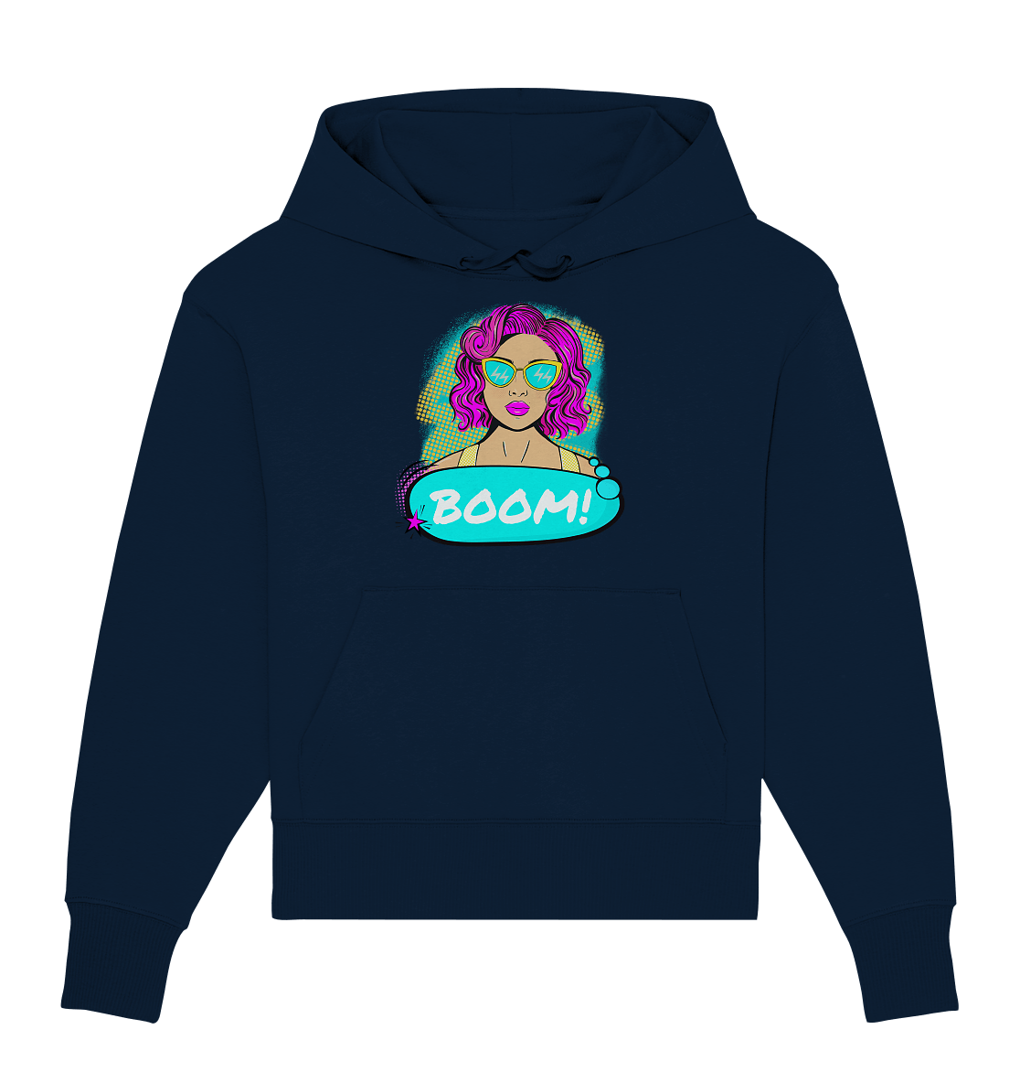 Damen Oversize Hoodie bedruckt mit handgezeichneten Pop Art Girl Comic Design hoodie in navy blau