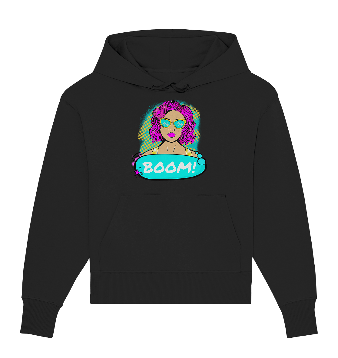 Damen Oversize Hoodie bedruckt mit handgezeichneten Pop Art Girl Comic Design hoodie in schwarz