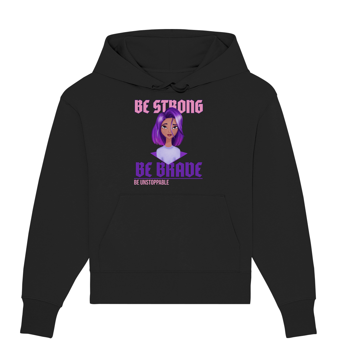 Damen Oversize Kapuzenpullover in weiß mit handgezeichneten Cartoon mit lila-violett Ombré Haarfarbe und Beschriftung "be strong be brave be unstoppable"  in schwarz. Bloominic hoodie mit Cartoon