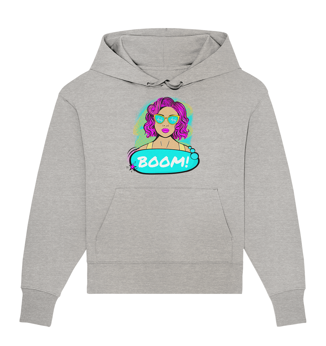 Damen Oversize Hoodie bedruckt mit handgezeichneten Pop Art Girl Comic Design hoodie in grau