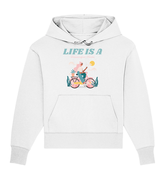 Damen Oversize Kapuzenpullover mit trendigem Print in Flat Style. Damen Oversize Hoodie mit Flat Illustration und Beschriftung "Life is a beautiful ride".