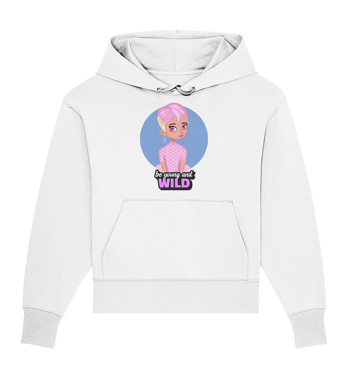 Damen Oversize Kapuzenpullover mit trendigem handgezeichneten Cartoon Design mit rosa Haarfarbe und Beschriftung "be young and wild" forever young