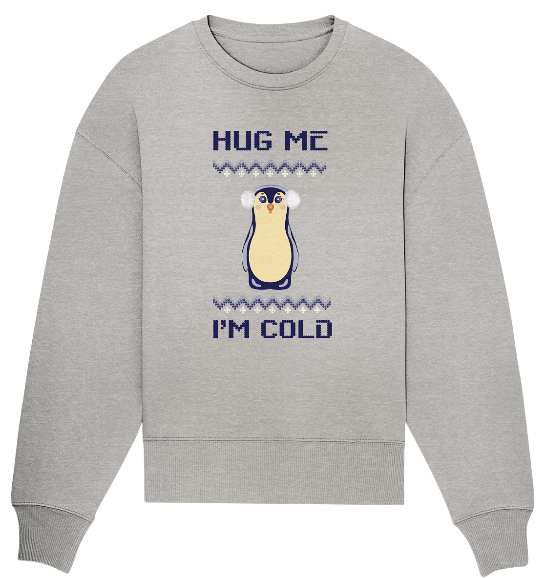Damen Oversize Sweatshirt in grau bedruckt mit handgezeichneten Pinguin mit Ohrenwärmer