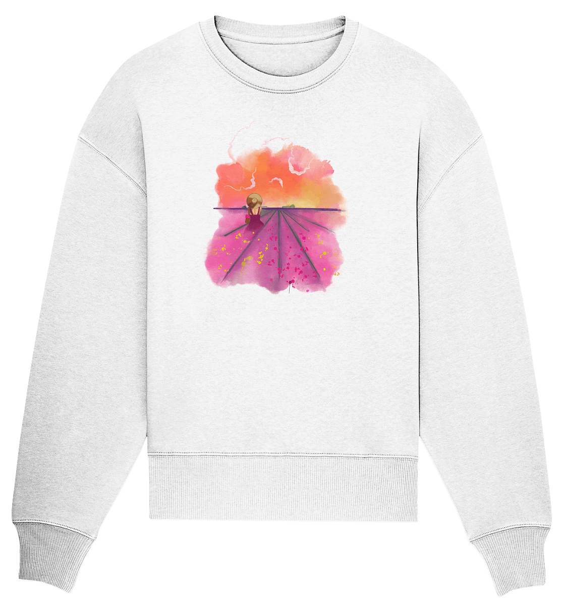 Sweatshirt von Bloominic mit Künstlermotiv Lavandelfelder, Kunst auf Stoff Lila Lavendelfelder Aquarell Motive auf oversize Sweatshirt