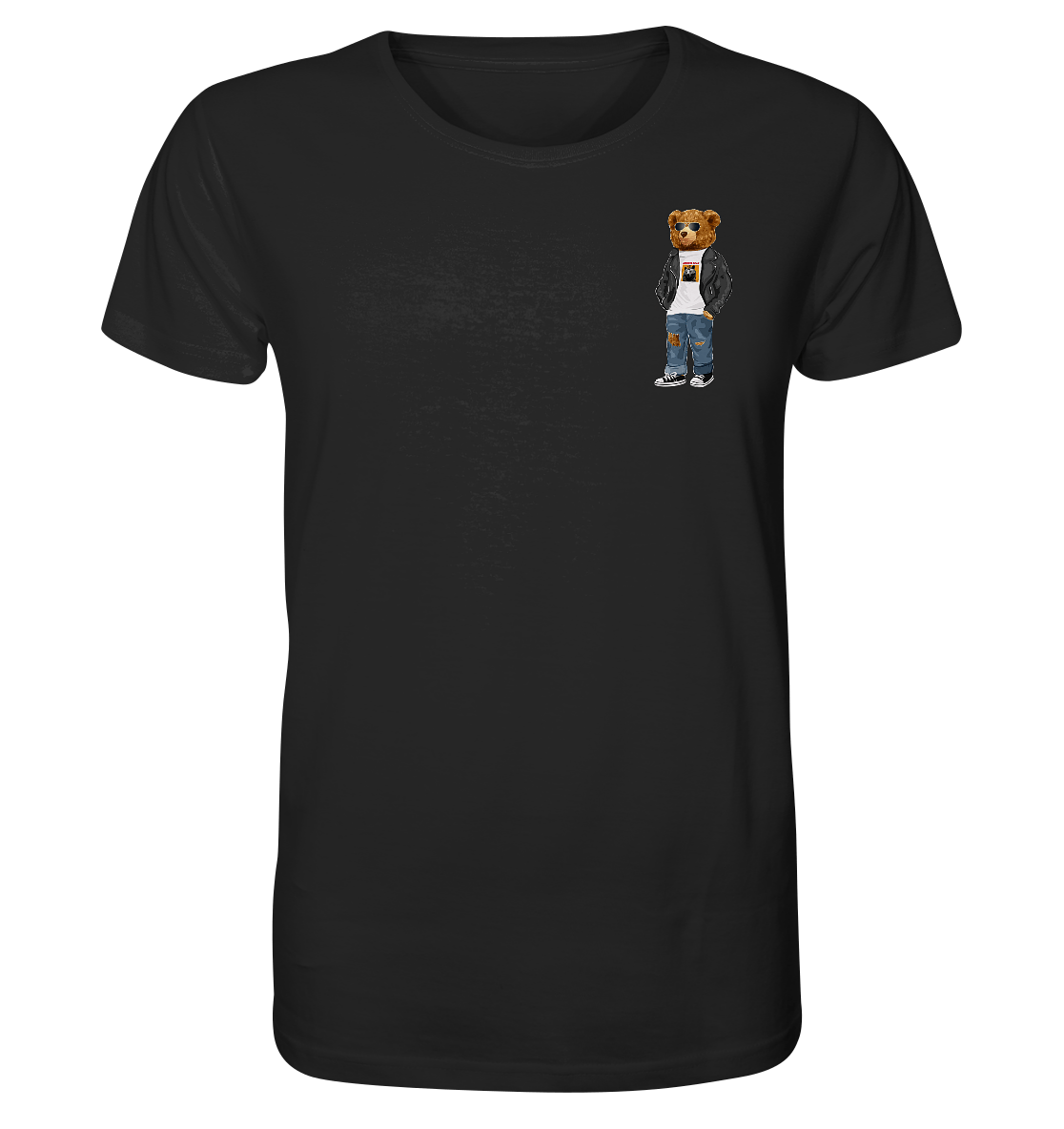 Teddybaer-Herren-T-Shirt-in-schwarz-Print-oben-rechts-kleiner-Print-auf-rechter-Brust