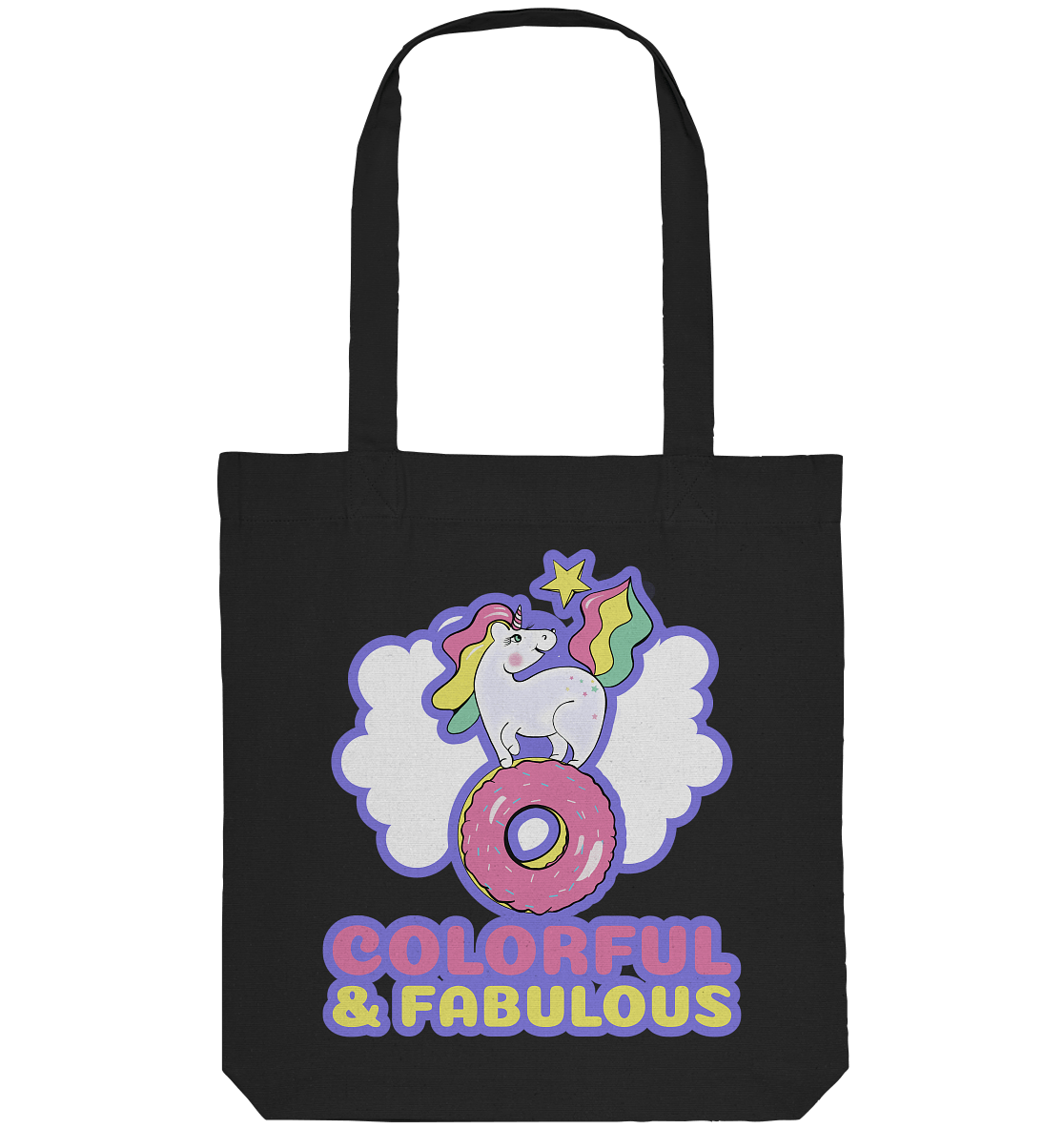 Einhorn Tasche Tote-Bag in schwarz mit bunten Einhorn auf Donut Print von BLOOMINIC