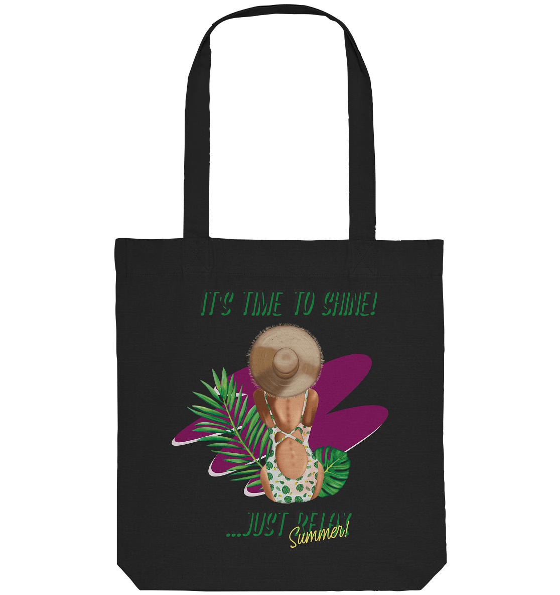 Sommer Shopper Stofftasche in schwarz Jute Beutel mit Sommerlichen Illustration time to shine