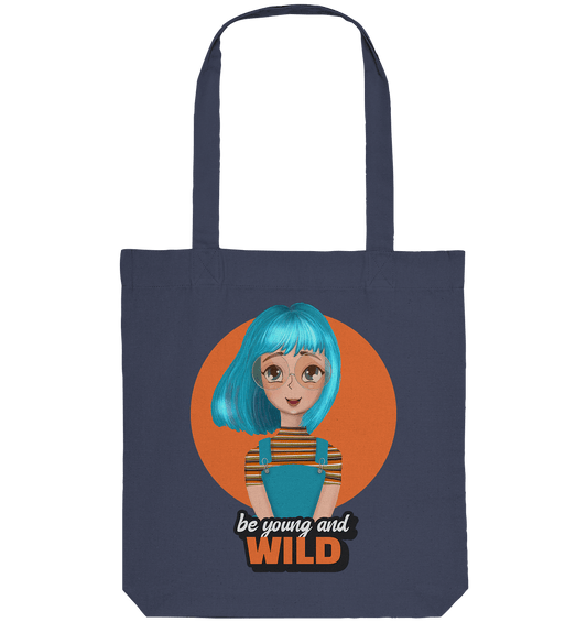  Tote Bag Stofftasche in Midnight Blue handgezeichnetes Cartoon mit trendigen türkisfarbenen Haaren  und Beschriftung "be young and wild" 