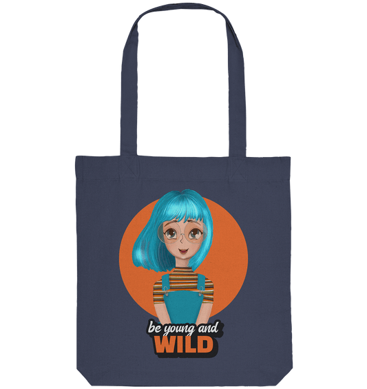 Tote Bag Stofftasche in Midnight Blue handgezeichnetes Cartoon mit trendigen türkisfarbenen Haaren und Beschriftung "be young and wild"