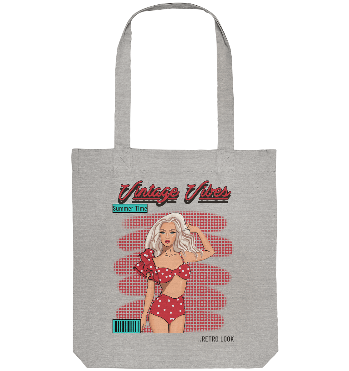 Retro Tote Bag Stofftasche grau Vintage Vibes mit Comic Pop Art rote Polka Dots Print