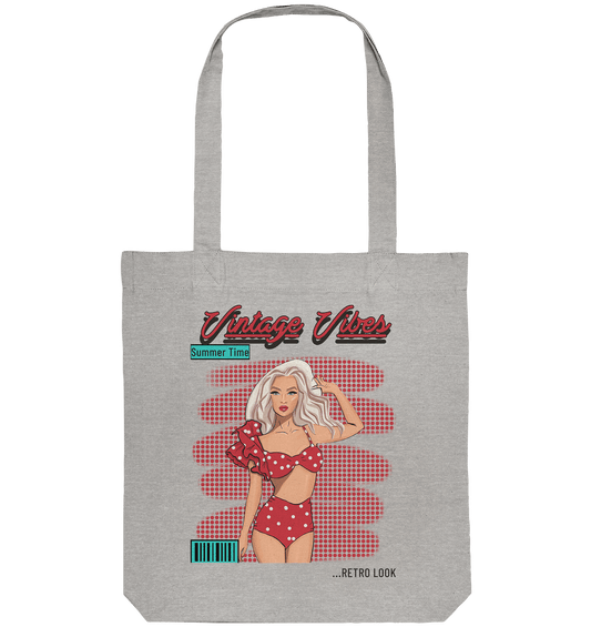Retro Tote Bag Stofftasche grau Vintage Vibes mit Comic Pop Art rote Polka Dots Print