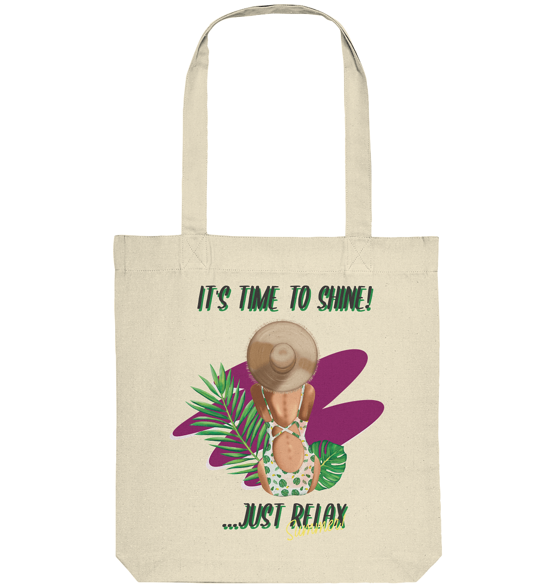 Sommer Shopper Stofftasche mit Tropischen Blätter und Illustration Dame mit Strohhut its time to shine 