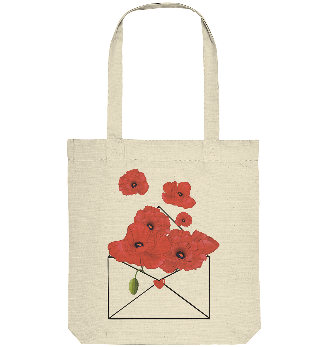 Stofftasche mit handgezeichneten roten Mohnblumen. 