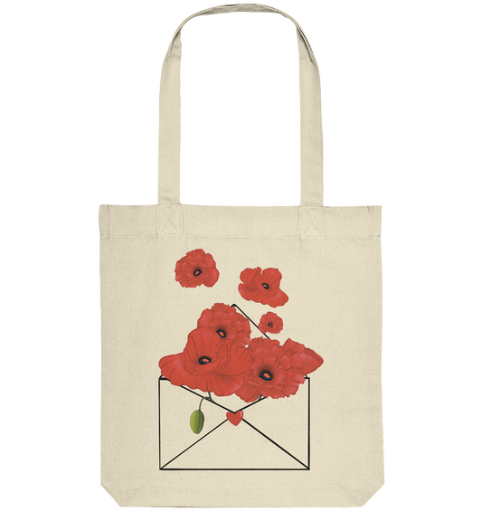 Stofftasche mit handgezeichneten roten Mohnblumen. 