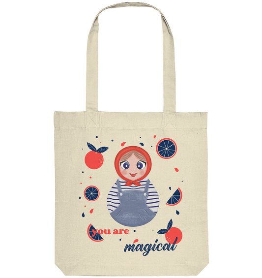 Stofftasche mit handgezeichneten Matrjoschka Cartoon mit Beschriftung "you are magical