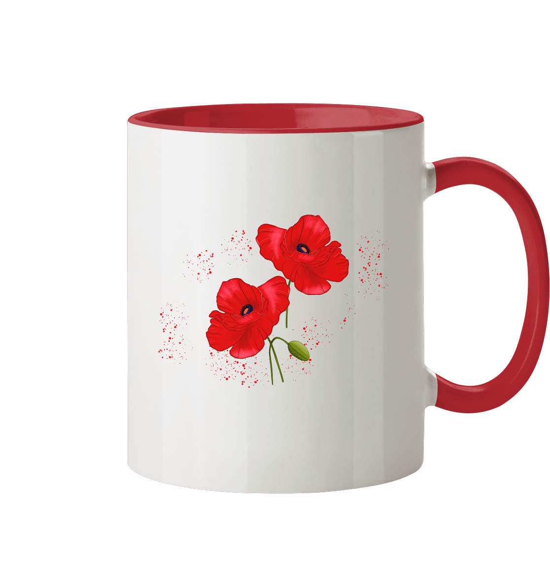 Zweifarbige Tasse mit handgezeichneten Mohnblumen.
