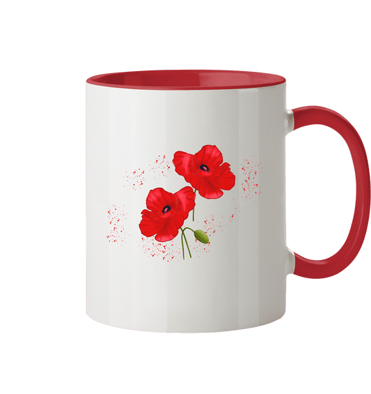 Zweifarbige Tasse mit handgezeichneten Mohnblumen.