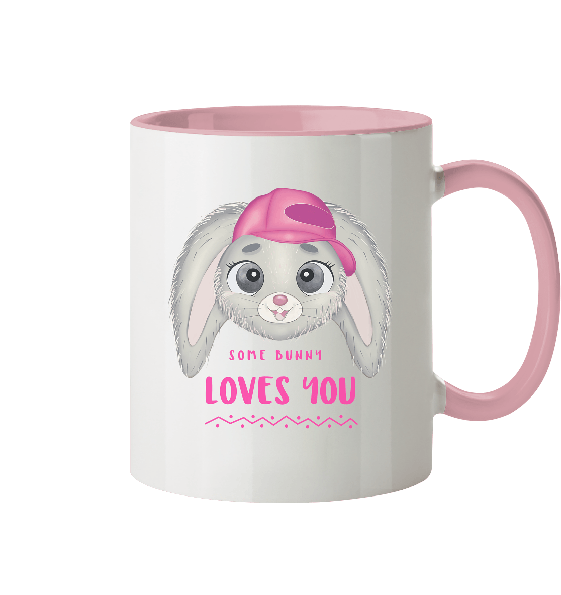 Zweifarbige Tasse mit handgezeichneten Hasen und Beschriftung "Some Bunny loves you." 