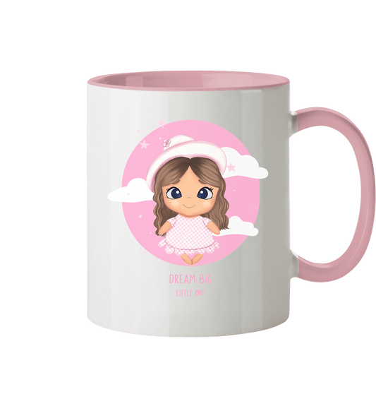 Zweifarbige Tasse mit handgezeichneten Cartoon und  Beschriftung  "Dream Big little one" Hübsches Mädchen 