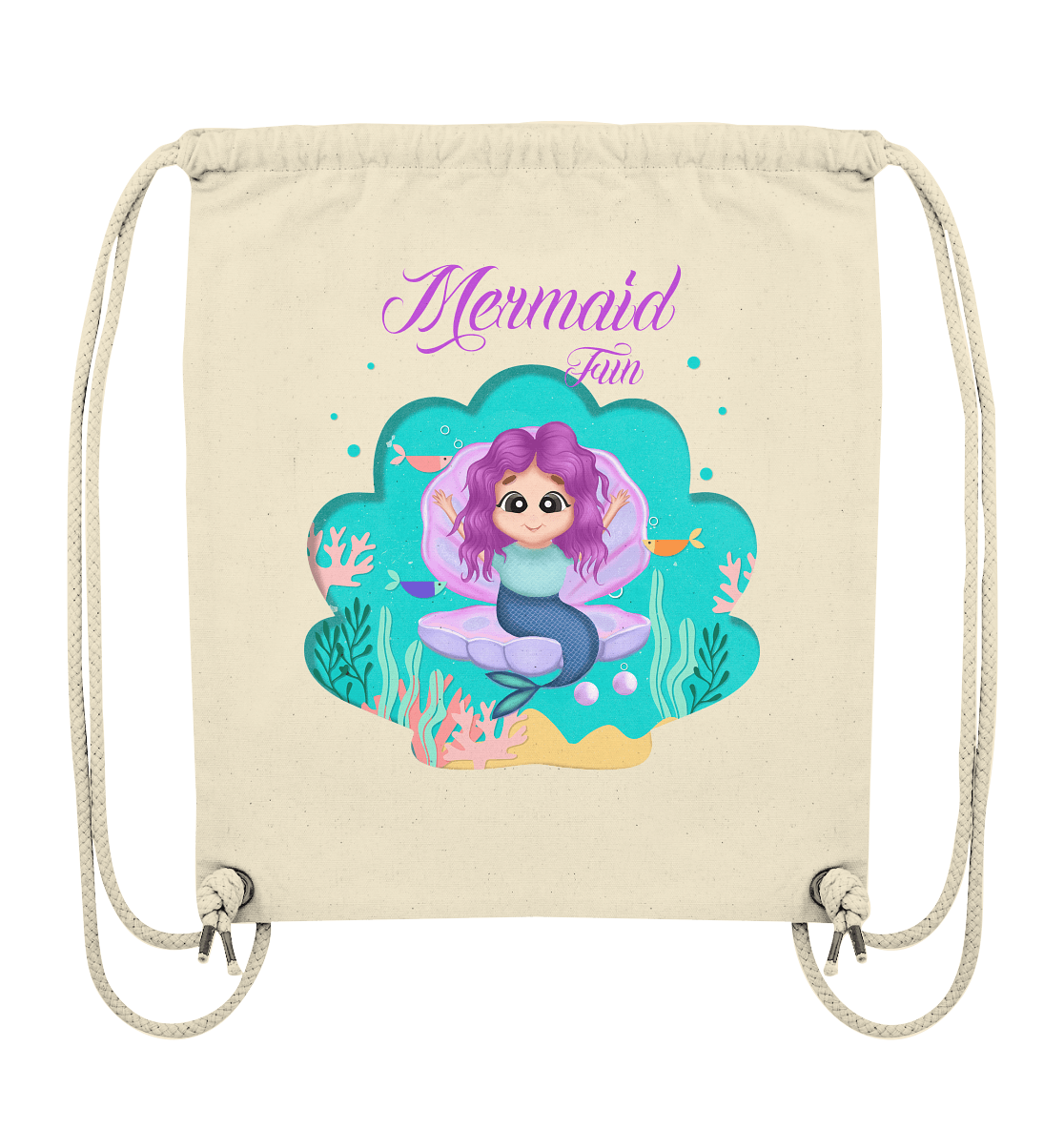 Leichtes Turnbeutel mit modischen, handgezeichneten Mermaid Cartoon und Beschriftung "Mermaid Fun"