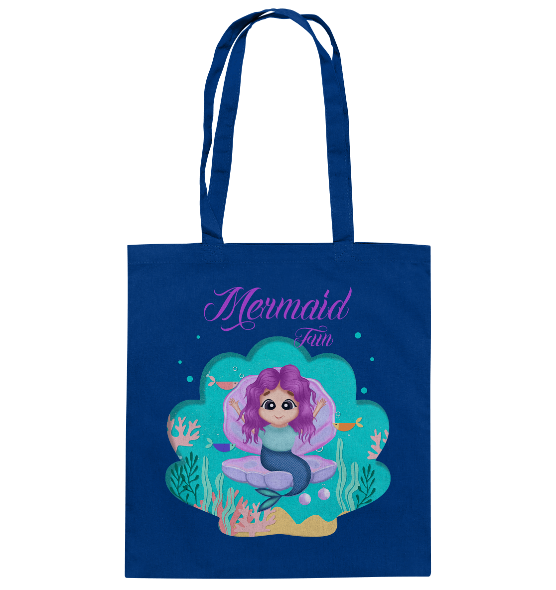 Jutebeutel Baumwolltasche in Royal Blue mit handgezeichneten Cartoon Mermaid Design.