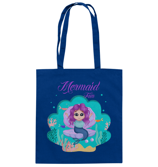 Jutebeutel Baumwolltasche in Royal Blue mit handgezeichneten Cartoon Mermaid Design.