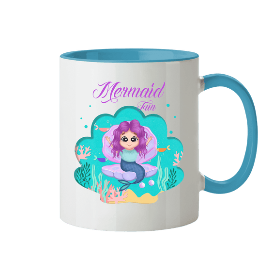 Zweifarbige Tasse mit handgezeichneten Mermaid Cartoon und Beschriftung "Mermaid Fun."