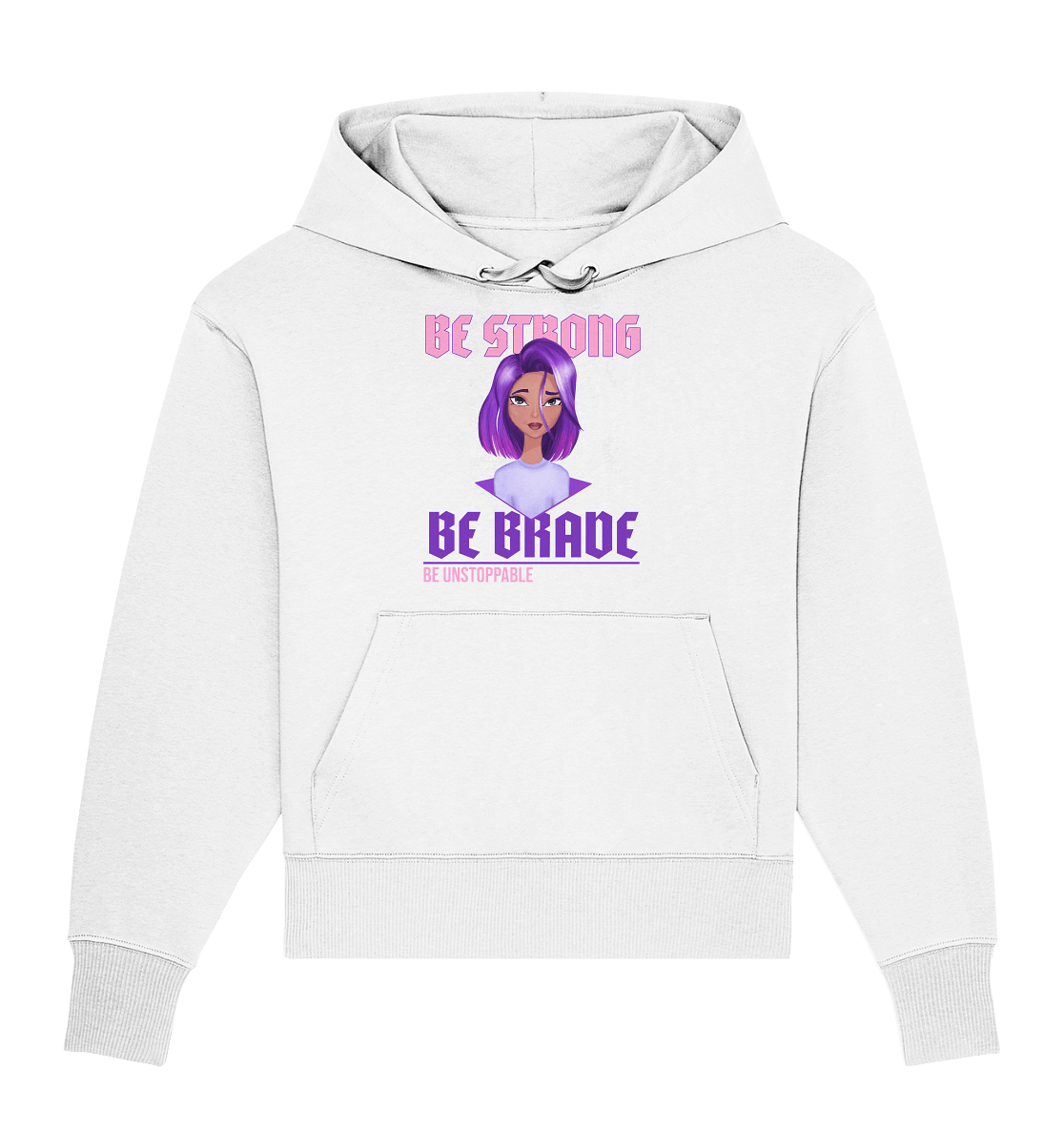 Damen Oversize Kapuzenpullover in weiß mit handgezeichneten Cartoon Girl mit lila-violett Ombré Haarfarbe und Beschriftung "be strong be brave be unstoppable" 
