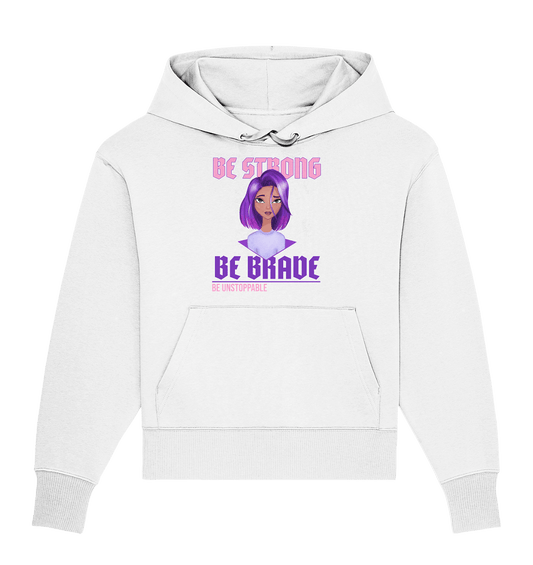 Damen Oversize Kapuzenpullover in weiß mit handgezeichneten Cartoon Girl mit lila-violett Ombré Haarfarbe und Beschriftung "be strong be brave be unstoppable"