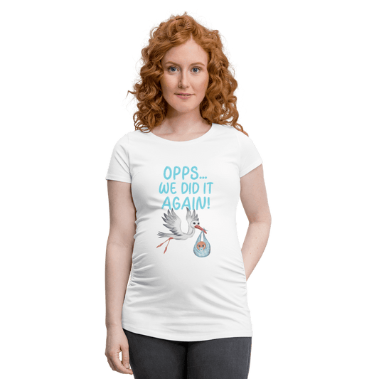 Schwangerschafts -T-Shirt mit Beschriftung "OPPS... We did it Again!" und handgezeichneten Storch mit Babytuch.