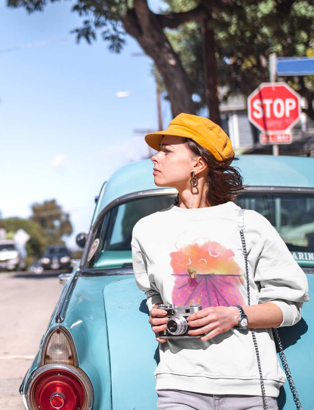 Lavendelfelder Künstlermotiv Damen Oversize Sweatshirt Oversize Sweatshirt für Damen mit dem künstlerischen Print