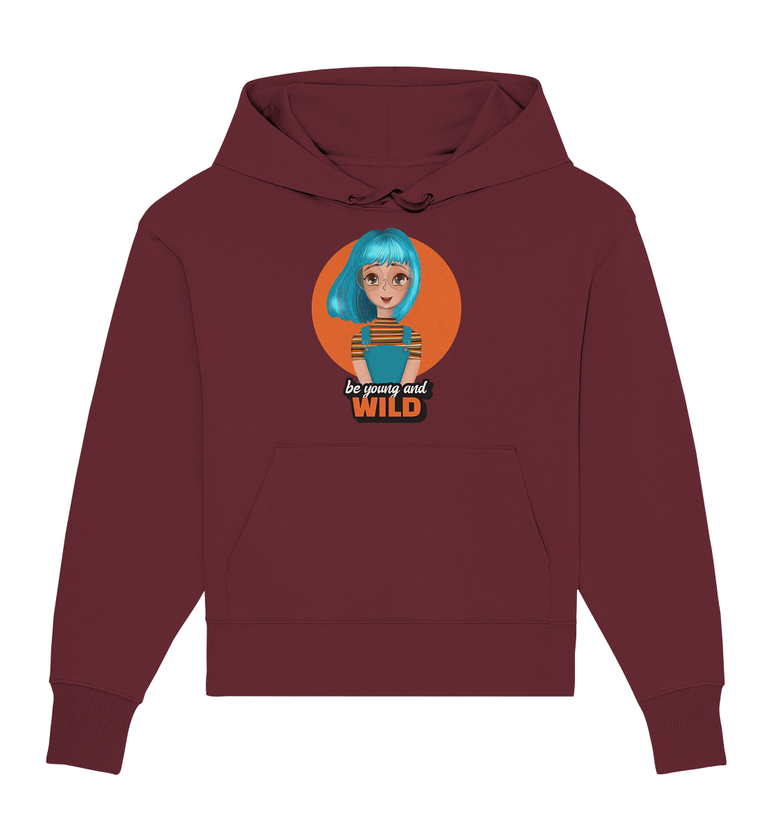 Comic Oversize Hoodie be young and wild in burgundy farbe von Bloominic