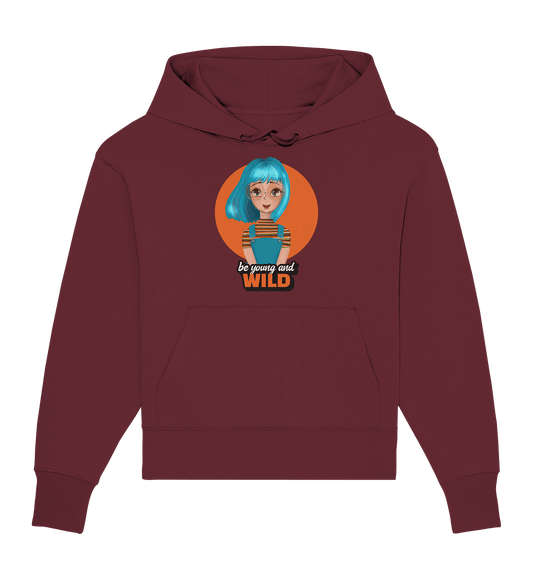 Comic Oversize Hoodie be young and wild in burgundy farbe von Bloominic